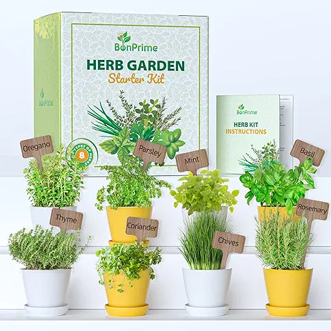 BonPrime Kit de Cultivo Hierbas Aromaticas - Mini Jardín y Huerto Urbano para Casa con 8 Semillas, Macetas Ecológicas y Marcadores - Set de Plantas Aromáticas - Minihuerto para Principiantes  