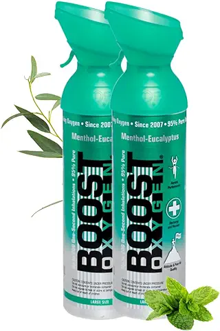 Boost Oxygen- Botella de Oxígeno Portátil- Lata de Oxigeno 95% Puro y Natural- Concentración, Recuperación, Energía, Estado de Ánimo, Grande- 18L,2x9L (2x Envases- 300 Inhalaciones) - Mentol-Eucalipto  