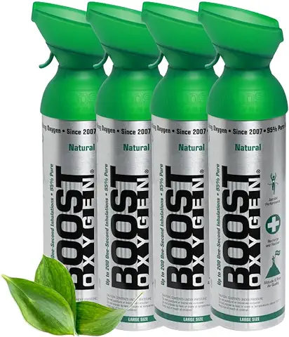 Boost Oxygen - Botella de Oxígeno Portátil - Lata de Oxigeno 95% Puro y Natural - Concentración, Recuperación, Energía, Estado de Ánimo, Grande - 36L, 4x9L (4x Envases - 600 Inhalaciones) - Natural  