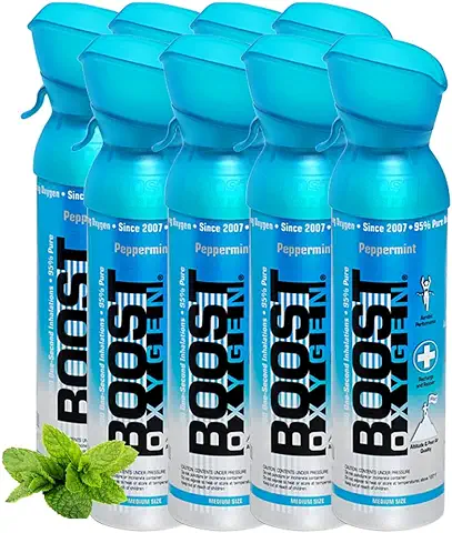 Boost Oxygen - Botella de Oxígeno Portátil - Lata de Oxigeno 95% Puro y Natural - Concentración, Recuperación, Energía, Estado de Ánimo, Mediano - 40L, 8x5L (8x Envases - 800 Inhalaciones) - Menta  