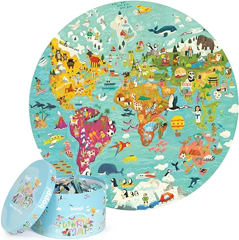 Boppi Puzle para Niños Circular del Mapamundi Hecho de Cartón 100% Reciclado de 150 Piezas con Animales, para Niños de 3, 4, 5, 6, 7 y 8 Años, 58 cm de Diámetro  