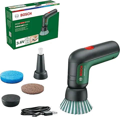 BOSCH VERDE - Bosch Home and Garden Cepillo de Limpieza Eléctrico UniversalBrush (incluye Batería de 3,6 V Integrada, 1 Cable Micro USB y 4 Accesorios de Limpieza, en caja de Cartón)  