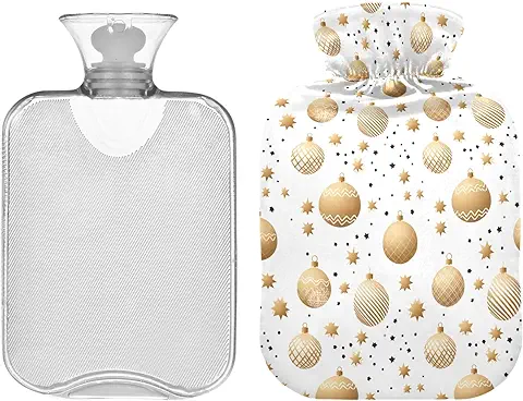 Botella de agua Caliente con Diseño de Bolas de Navidad y Estrellas Doradas con Tapa, Bolsa de agua Caliente Duradera de 2 Litros para Alivio del Dolor de Cuello, Hombros y Piernas, Calambres  