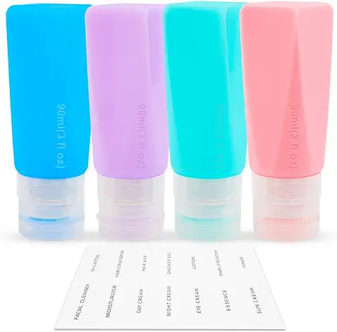 Botellas de Viaje Silicona, Rayyl 4 Piezas Botes Viaje Rellenables 90ml, Botella de Viaje Portátil de Silicona a Prueba de Fugas, para Loción de Cuidado Personal, FDA Certified BPA Free  