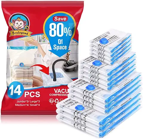 BoxLegend Bolsas de Almacenaje al Vacío, 14 Piezas (3XL+ 3L + 4M + 4S) Bolsa Ropa al Vacio Ahorro de Espacio para Guardar Ropa, Ropa de Cama, Edredones, Almohadas, Mantas, Cortinas, Sábanas  