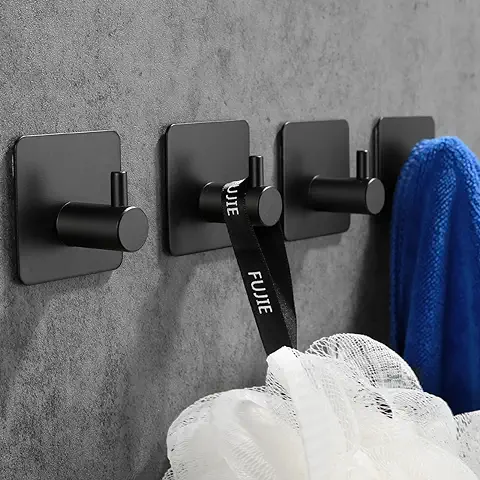 BOXLUNT Ganchos Adhesivos Para Pared 4 Piezas, Ganchos Adhesivos para Colgar Acero Inox, Gancho Pared, Colgador Toalla Baño Adhesivo Impermeable para Salón, Baño, Dormitorio y Cocina, Negro  