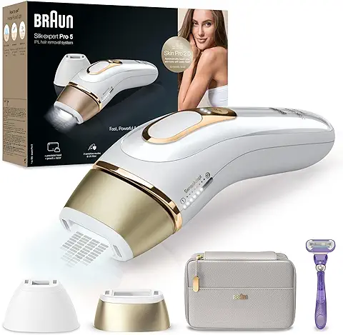 Braun Luz Pulsada Silk-expert Pro 5 PL5157 Depiladora IPL, Reducción Del Vello Visible En Casa, Con Funda, Cabezal De Precisión Y Maquinilla Venus, Alternativa A Depilación Láser, Blanca/Dorada  