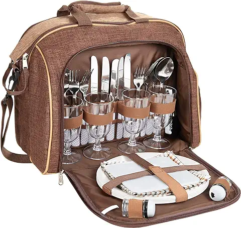 BRUBAKER Bolsa de Picnic para 4 Personas Color Marrón 38 × 30 X 21,5 Cm Bolsa de Hombro con Compartimento de Refrigerante  