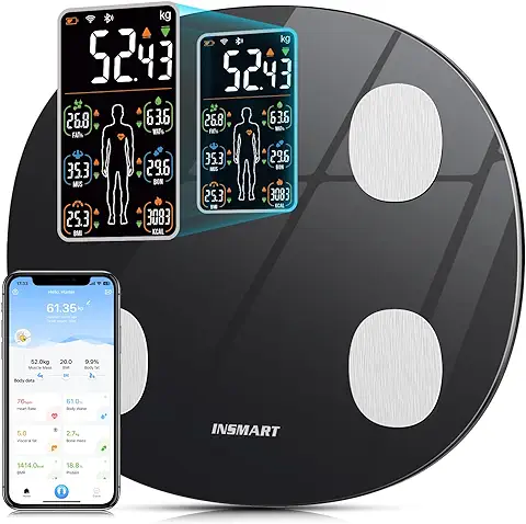 Báscula Grasa Corporal Báscula de Baño,Actualizado Básculas INSMART, Básculas Inteligentes Digitales Bluetooth con Función de Frecuencia Cardíaca, Equilibrio Corporal para Fitness (180 Kg)(Negro)  