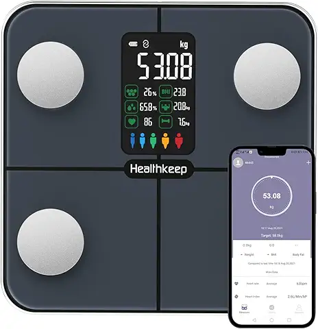 Báscula Grasa Corporal Healthkeep Báscula de Baño, Básculas Inteligentes Digitalescon Función de Frecuencia Cardíaca,15 Datos Corporales,Pantalla VA Extra Grande,Negro  