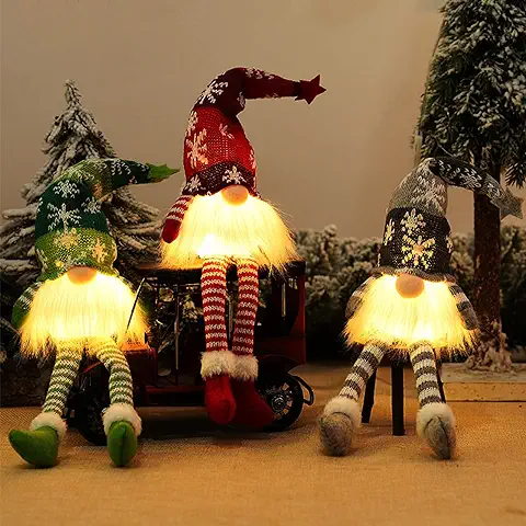 Bseical 3 Piezas Gnomo NavideñO Iluminado Papá Noel, DecoracióN De Gnomo De Navidad con Luz Led, MuñEco Sin Rostro Gnomo, MuñEca De Felpa Hecha A Mano De Papá, Bateria Cargada(Medio, Rojo Gris Verde)  