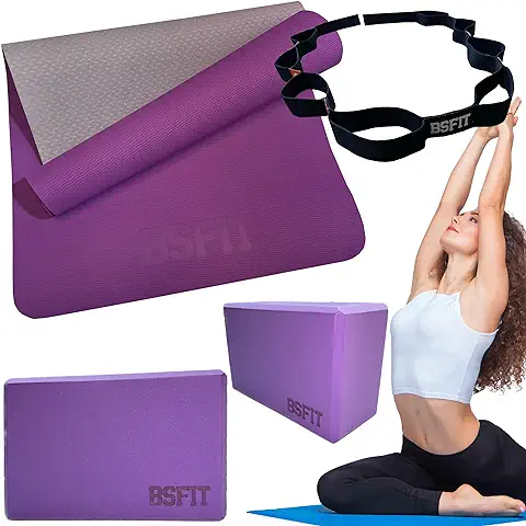 BSFIT® Kit Premium Yoga Pilates Incluye 1 Esterilla TPE de 4mm + 1 Cinta Estiramiento + 2 Bloques Bricks Ladrillos  