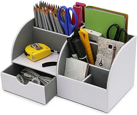 BTSKY Organizador de Escritorio Multifuncional de Cuero Sintético Ideal para Tarjetas de Negocios, Bolígrafos, Teléfonos, Mandos a Distancia y Elementos Varios, Color Blanco  