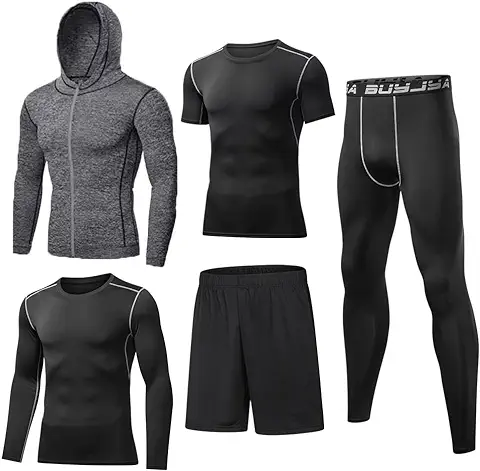 BUYJYA 5 Piezas de Compresión para Hombre, Camisa de Manga Larga, Chaqueta Atlética, ropa de Gimnasio, Entrenamiento  