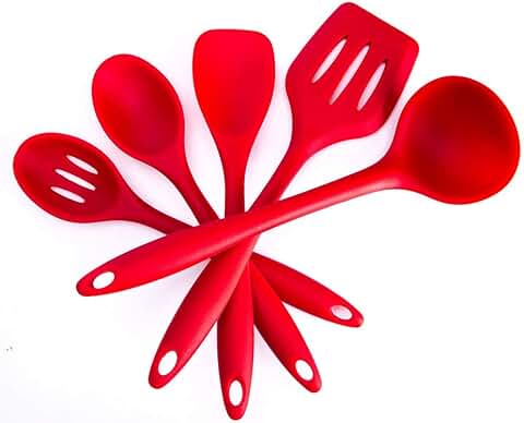 BYbrutek - Juego de Utensilios de Cocina de Silicona, sin BPA, Cuchara, Cucharón, Espátula y Tornero, Apto para Lavavajillas, Antiadherente, Resistente al Calor (5 PCS Rojo)  