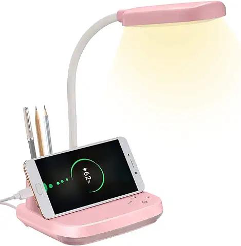 BZBRLZ Lámpara de Escritorio LED, Lámpara de Escritorio Recargable con Puerto de Carga USB y Portalápices, 3 Modos de Color y luz Nocturna y Atenuación Continua, Rosado  