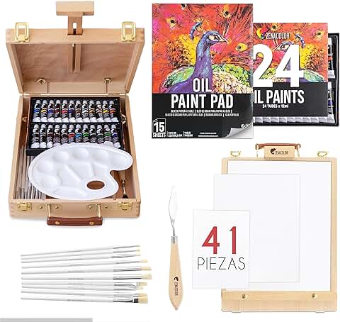 Caballete y Oleos para Pintar - Maletin 41 Piezas : 24 Tubos de Pintura al Oleo, 3 Lienzos para Pintar, 1 Bloc, 10 Pinceles, 1 Espatula, 1 Paleta, 1 Caballete - Pintura Mesa Plegable  