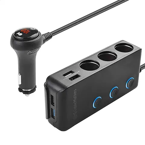 Cable Matters Adaptador Mechero Coche de 3 Tomas con 4 Puertos de Carga USB Carga Rapida y Pantalla LED (USB Coche Mechero 12V/24V) - 2 Fusibles y Soporte de Montaje Incluidos  