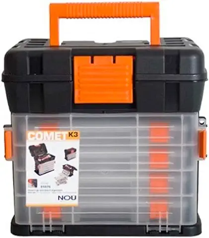 Caja de Herramientas de 25,5 x 28 x 17,5 cm con Varios Compratimentos Individuales. Arcón Especial para Bricolaje con Distintas Divisiones para Guardar o Almacenar Utensilios, Negro y Naranja  