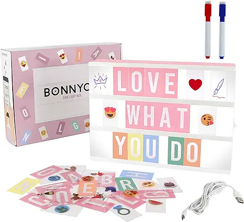 Caja de Luz A4 Rosa con 400 Letras, Divertidos Emojis y 2 Rotuladores | Ñ y Ç Incluidas| Cartel Luminoso LED Ideal para Decoración Hogar, Habitación, Oficina | Regalo Original para Niñas, Mujeres  