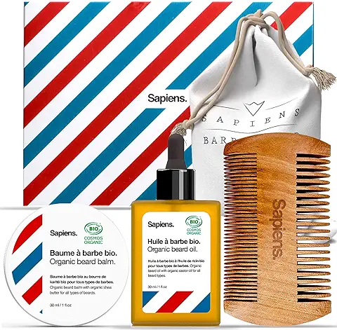 Caja de Regalo Hombre Sapiens - Kit de Cuidado Barba Forma de Viaje - Aceite Barba Orgánico con Ricino 30ml, Bálsamo Barba Orgánico 30ml, Peine Barba, Bolsa de Tela - Regalo para Hombres  