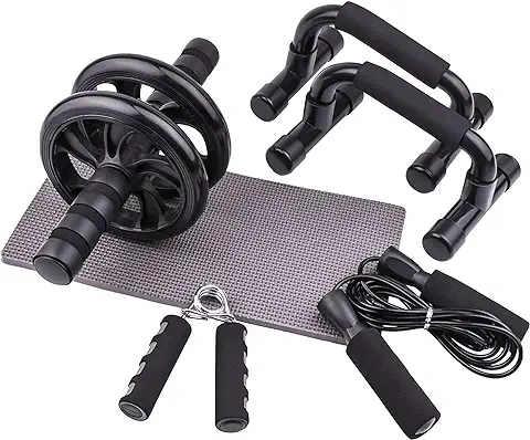 Calma Dragon Set de Ejercicio en Casa 5 en 1,Rueda Abdominal, Soporte para Flexiones, Fortalecedores de Manos, Cuerda de Saltar, Gimnasio Fitness en el Hogar, Juego de Ejercicio con Rodillo para Abdominales  