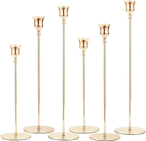 Candelabro Dorado Juego de 6 Candelabro Decorativos de Velas, Candelabros de Hierrol del Estilo Retro para Decoración del Hogar, Bodas, Cenas, Navidad, Boda (Oro)  