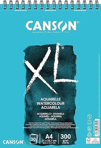 Canson XL, Papel de Acuarela, Prensado en Frío, 300g, Espiralados Sobre el lado Corto, A4-21x29,7cm, Blanco, 30 Hojas  