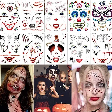 Cara Tatuajes Temporales, Halloween a Prueba de agua Pegatinas Tatuaje Falso para Fiesta de rol de Mascarada,Cara Moda Engomadas del Arte,regalo-2X Tatuaje Wipe Tool  