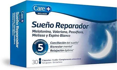 Care+ Pastillas Sueño Reparador - Extracto de Melatonina, Valeriana, Passiflora, Melissa y Espino Blanco - Pastillas para Dormir- Complemento Alimenticio - 30 Cápsulas  