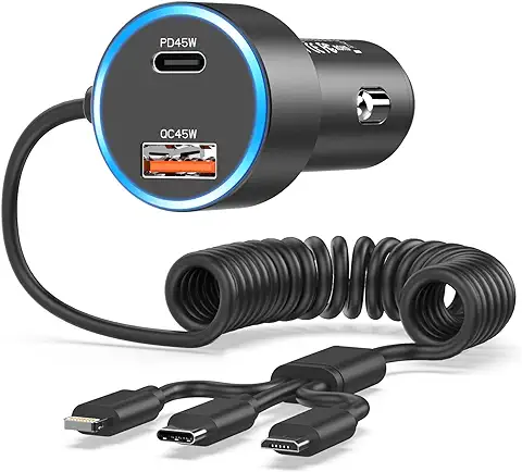 Cargador Coche Carga Rapida 90W, Cargador Coche USB C [PD45W&QC45W] Adaptador Cargador Movil Coche Cargador Mechero USB Carga Rapida con 3 en 1 Cable Espiral para Samsung S23/S22/S21,iPhone 15 Pro Max  