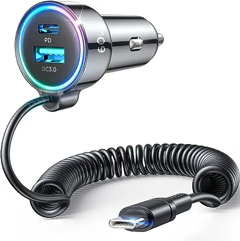 Cargador Coche Carga Rapida USB C, 60W 3 Puertos PD3.0 & QC3.0 Mechero Coche con 1.5M [Mantener Ordenado] Cable en Espiral Tipo C Super Rápido, Coche Adaptador para IPhone 15, Samsung S23, Android  