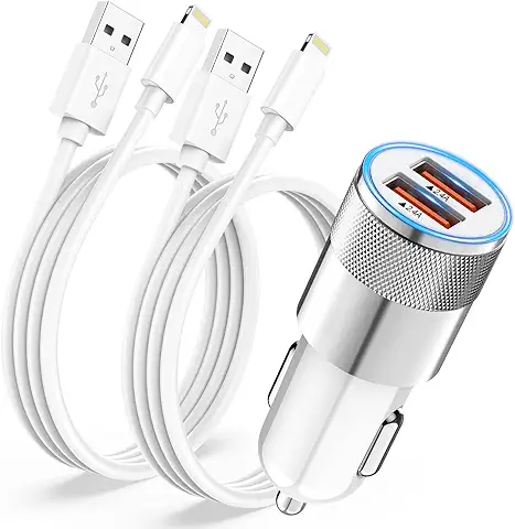 Cargador Coche con 2x Cable Lightning[Apple MFi Certificado],Cargador Mechero Carga Rapida, USB Adaptador Movil para IPhone 14 13 12 11 Pro Max/X/8/7/6  