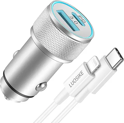 Cargador Coche LUOSIKE 20W USB C con Cable Lightning de 1m, Cargador Mechero Coche Rápida con PD y QC3.0, Cargador Movil Coche Compatible con IPhone 14/13/12/11/Pro Max/XS/XR/X/8/Plus/SE 2020/mini  