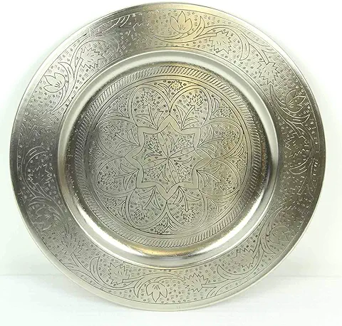 Casa Moro Bandeja para Servir Marroquí Hoyam, Diámetro de 50 cm, Redonda de Metal en Plata, Bandeja de té Oriental, Artesanía de Marrakech | Bandeja para Ideas Creativas de Decoración | TTB508S  