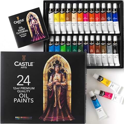 Castle Art Supplies Caja 24 Pinturas al Óleo 12 ml | Artistas Experimentados, Principiantes y Avanzados | Variedad Colores Intensos Fáciles de Usar | Impresionante Caja de Presentación con un Tutorial  