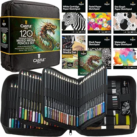 Castle Art Supplies Juego Materiales Combinado | Más de 120 Lápices Artísticos, Acuarela, Pastel, Metálicos, Grafito y Carboncillo | Libertad Creativa Ilustradores, Artistas | Ordenado Estuche Viaje  