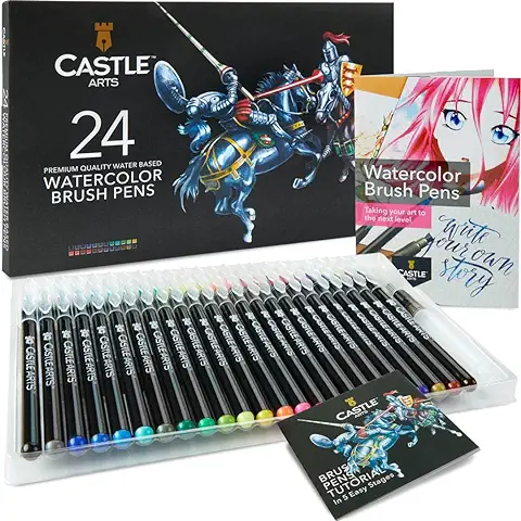 Castle Art Supplies Juego Rotuladores de Acuarelas | 24 Colores Vivos con Puntas de Nailon | Colorear, Dibujar y Rotulación: Profesionales, Artistas y Principiantes | Estuche Viaje con Pincel Acuarela  