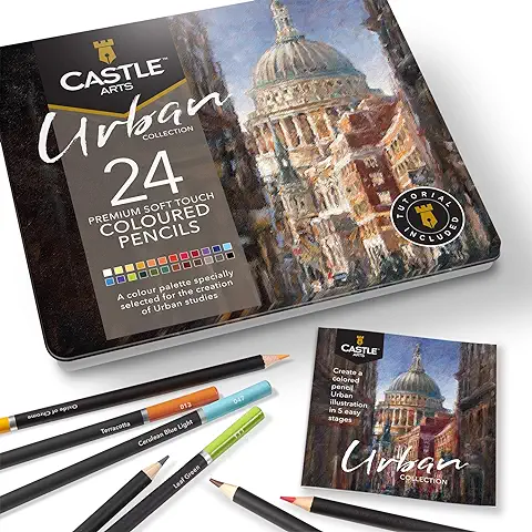 Castle Arts 24 Lápices de Colores en un Estuche de Metal, Colores Urbanos Perfectos para Dibujar, Esbozar, Colorear. Con Núcleos Blandos, Mezcla Superior y Juego de Capas  