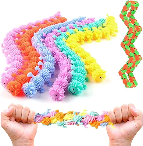 Caterpillar - Juego de 6 Cuerdas Elásticas para Aliviar el Estrés con 48 Enlaces, Cuerdas Sensoriales para Apretar y Aliviar el Estrés, Cuerdas Coloridas con Textura de Oruga para un Mejor Enfoque  