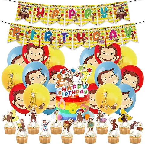 CBOSNF Monos Fiesta Cumpleaños Decoraciones 32 Pcs Camiones Jorge el Curioso Cake Topper Pancarta de Cumpleaños Baby Shower Globo Monos Adornos para Cupcakes  