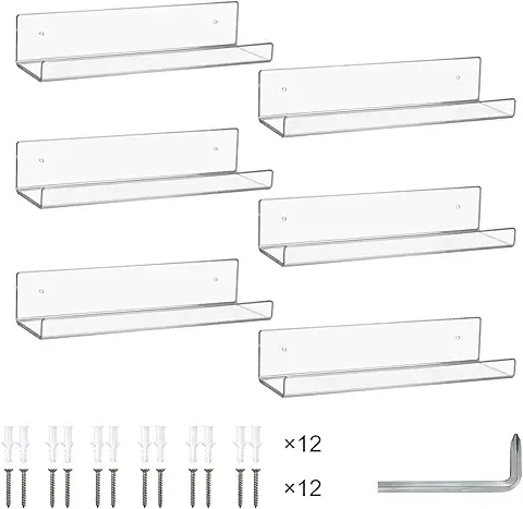 CECOLIC - Juego de 6 Estantes Flotantes Transparentes de 15 Pulgadas de Acrílico para Pared, Estantería Invisible para Niños Montada en la Pared y Especiero para Dormitorio/Sala de Estar/Cocina  