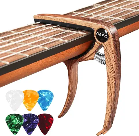 Cejilla Guitarra Española, Cejilla Guitarra Acustica con 6 Púas para Guitarra, Capo para Electrica Guitar Ukelele Profesional Capodastro Aleación Grano de Madera  