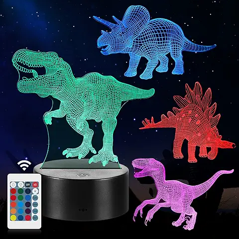 CENOVE 3D Dinosaurio Luz de Noche, 4 Paquete Lámpara de Noche LED con Cambio de 16 Colores y 4 Modos, Regalo para Niños Mayores de 4 5 6  