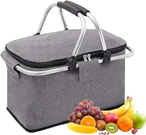 Cesta Picnic Plegable con Asa, Cestas de la Compra 20L, Bolsa Picnic, Bolsa Térmica Grande, Cesta de Picnic Plegable con Tapa, Bolsa de Transporte Cesta de Picnic, para Camping, Gris  