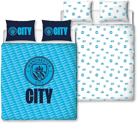 Character World Juego de Funda de Edredón y Fundas de Almohada para Cama de Matrimonio, Diseño de Escudo del Manchester City FC, Color Azul, Reversible, 2 Caras, Producto Oficial, Incluye Fundas de  