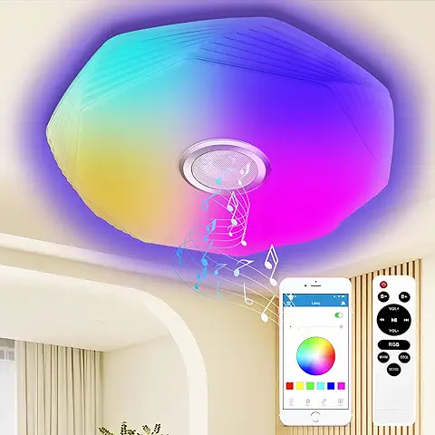 CheDux 48W Lámpara Led Techo con Altavoz Bluetooth, Ø39cm RGB Plafón Led Techo Regulable con Mando a Distancia y APP, Plafón Musical LED para Dormitorios, Habitaciones Infantiles, Salones  