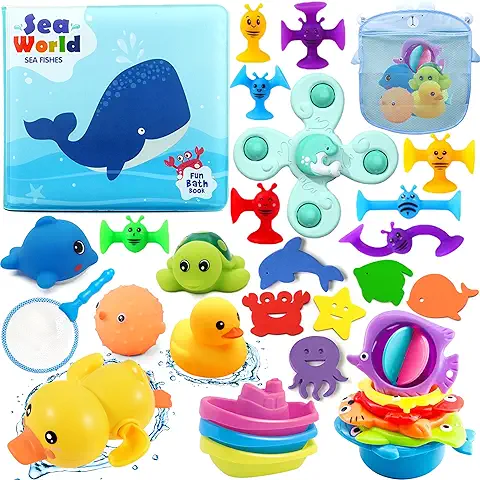 Chennyfun Conjunto Juguetes para Baño, 32 Piezas Baby Bath Toys Incluye Pato de Goma, Tortuga, Delfín, Barcos de Plástico, Conjunto Juguetes para Niños Pequeños de 1, 2, 3, 4, 5, 6 Años  