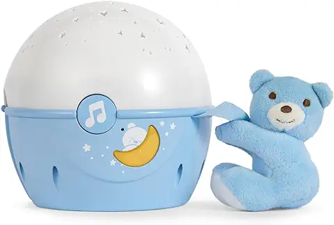 Chicco Next2Stars Luz de Noche Bebé con Peluche - Proyector con Luz de Estrellas para Cunas y Colechos, con Sensor de Sonido, 3 Efectos de Luz y Música 0+ Meses, Azul  