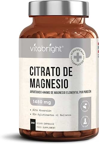 Citrato de Magnesio - 1480mg de Alta Potencia - 240 Cápsulas (Suministro para 4 Meses) - Cápsulas Veganas de Magnesio Premium - Proporcionando Magnesio Elemental de 444mg - Hecho en el RU  